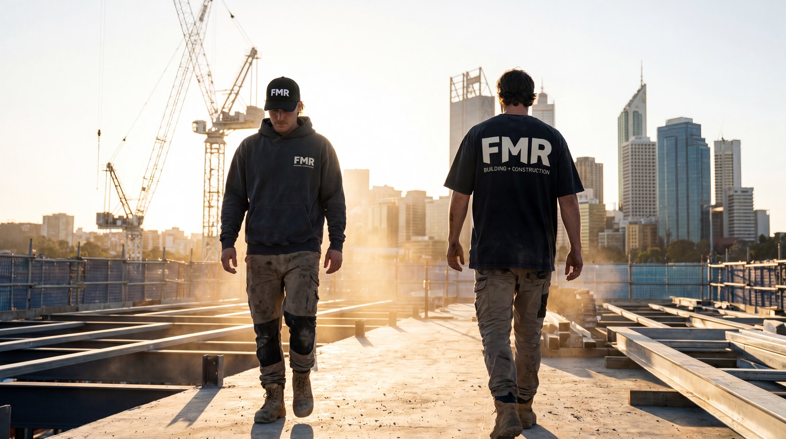 FMR Collection 001 campaign — Perth construction site at golden hour