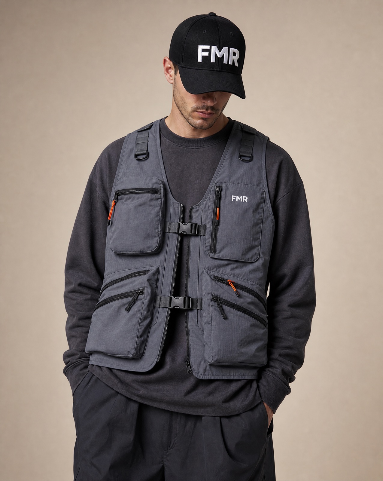 FMR utility vest and cap on a male model
